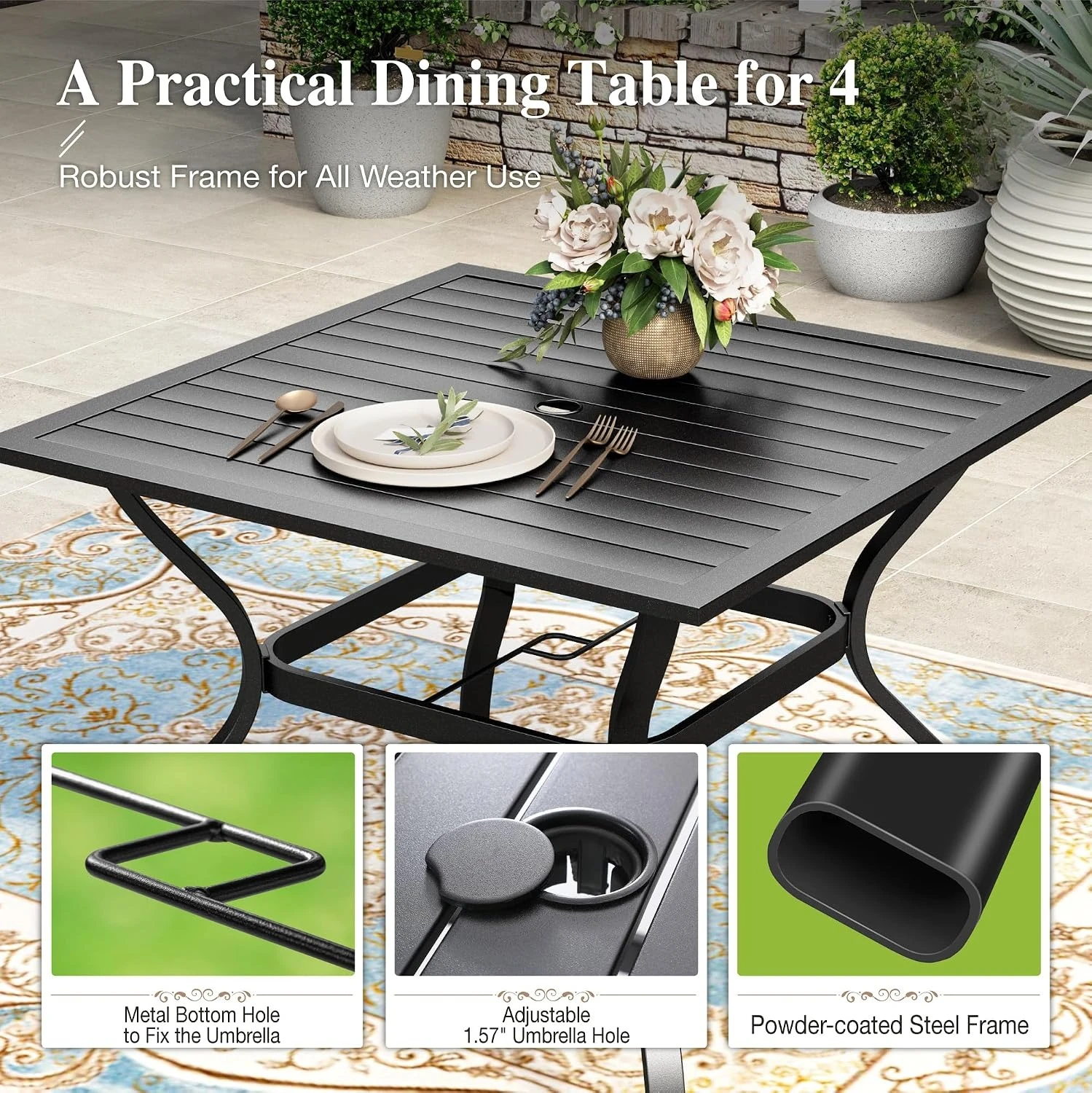 5 Piece Outdoor Patio Dining Set for 4 Metal Dining Table and 4 Brown Chairs All Weather Outdoor Furniture Bistro Conversation Set for Backyard Garden Lawn Porch Deck