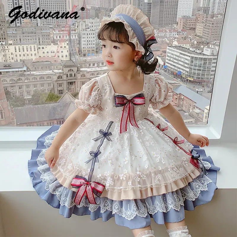 Sweet Baby Girls Spanish Vantage Fashion Princess Lolita Dress Kids Summer Cotton Lace Embroidery Bow Birthday Tutu Cake Dress