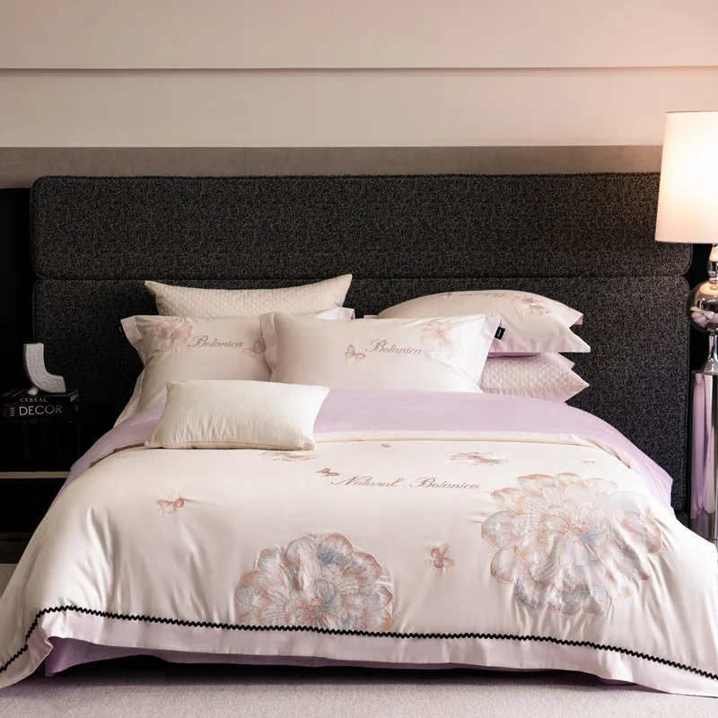 Luxury Flower Embroidery Bedding Set 600TC Egyptian Cotton Duvet Cover Bed Sheet/Fitted Sheet Pillowcases 4Pcs