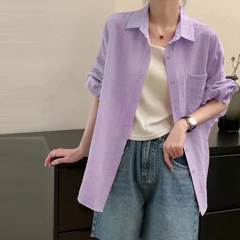 summer Green sun protection shirt Women Korean Chic loose Thin lapel Long Sleeve tops female Solid All-match Button Blouse