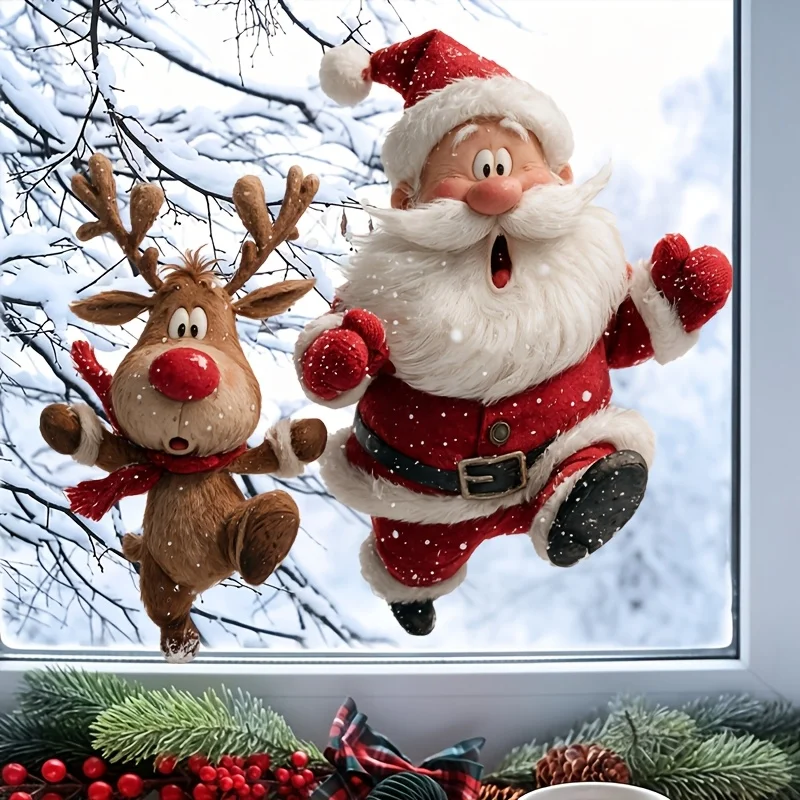 Fun Surprised Peeking Santa & Reindeer Glass Sticker, Static Cling Window Sticker,Double-Sided Visible Reusable Decal,Home Decor