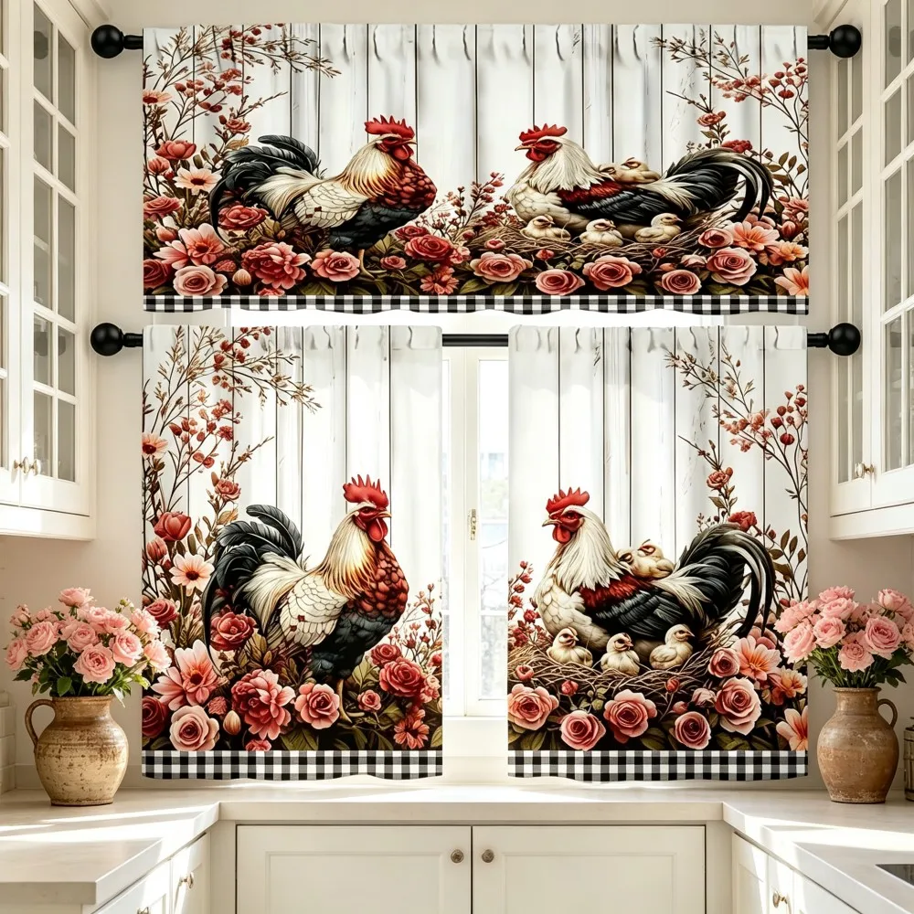 Farm Kitchen Curtains, Rooster Hen Chick Rose Floral, Digital Print, Kitchen Dining Room, Rod Pocket Polyester, Home Decor