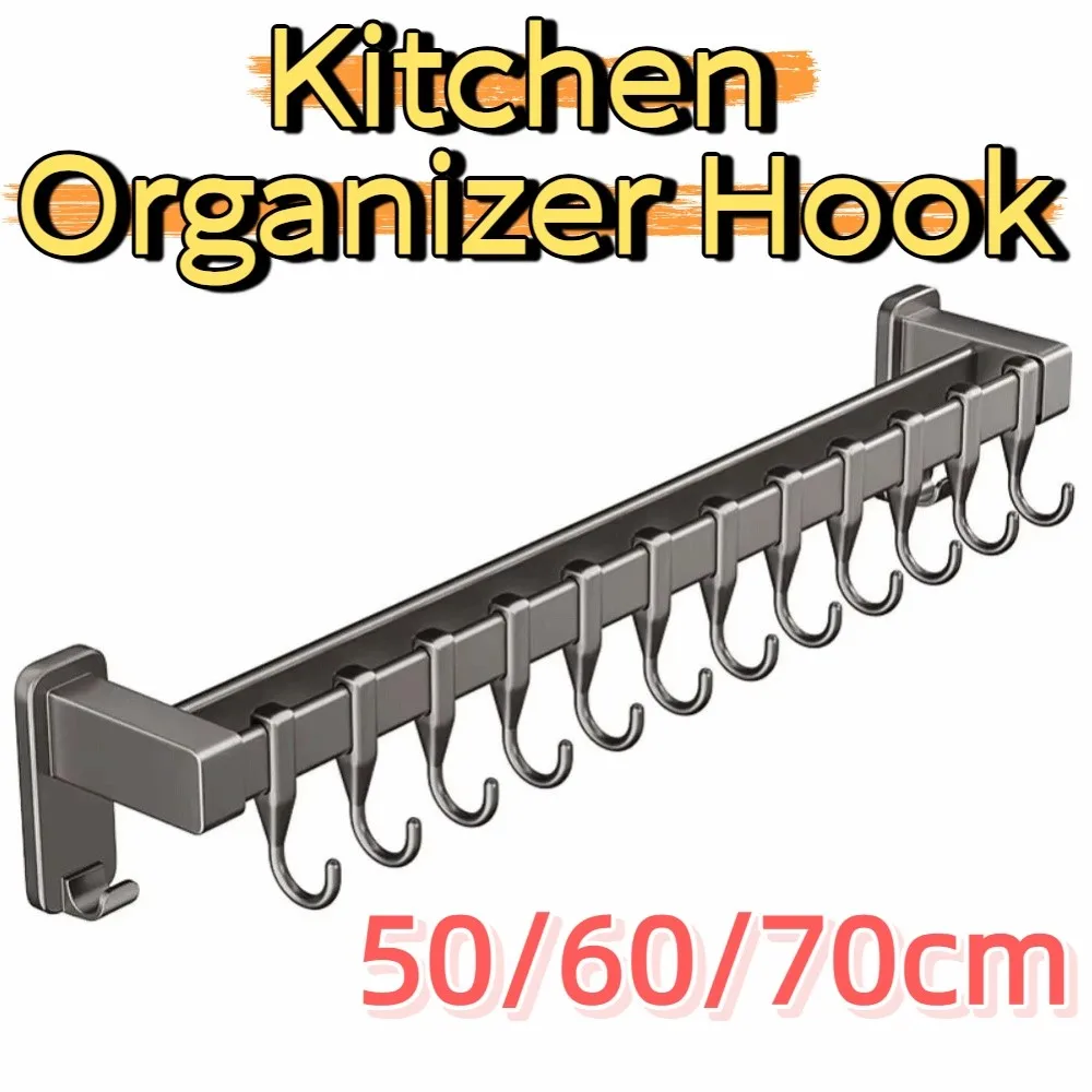 Aluminium Küchenorganizer mit Doppelstange, Wandmontierter Topfdeckelhalter, Bohrfreier Beweglicher Haken, Spatel-Aufbewahrungsregal für Zuhause