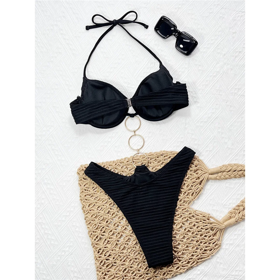 Badeanzug mit hohem Beinausschnitt, Badebekleidung für Damen, mit Metallringen, geraffter Stoff, mit Bügel, einteiliger Badeanzug, Damen-Monokini V7037 – Detail 7