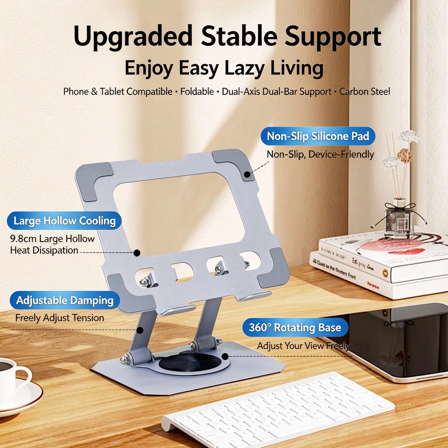 Metal Foldable 360° Rotatable Desktop Stand for Tablet & Phone Hollow-Out Heat Dissipation Tablet Support Bracket