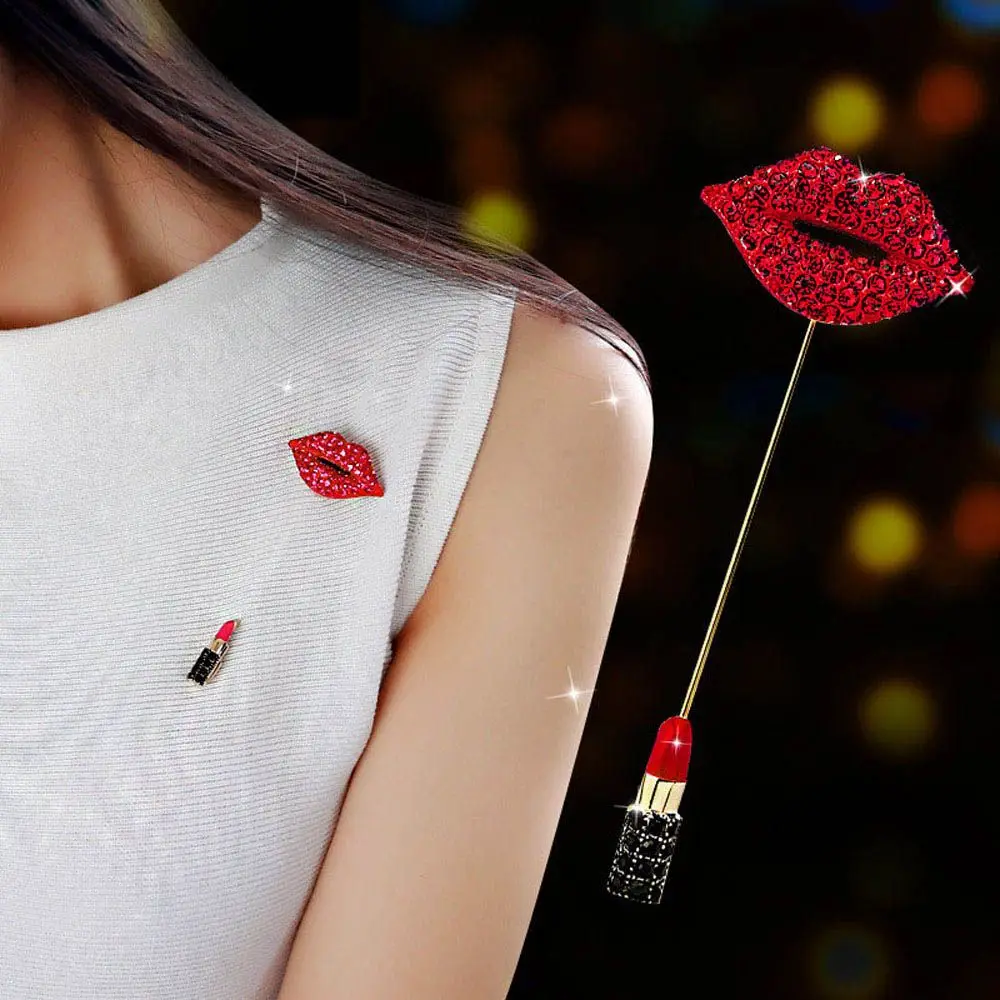 Rhinestone Banquet Fashion Accessories Romantic Badge Scarf Pin Red Lip Lipstick Brooch Jewelry