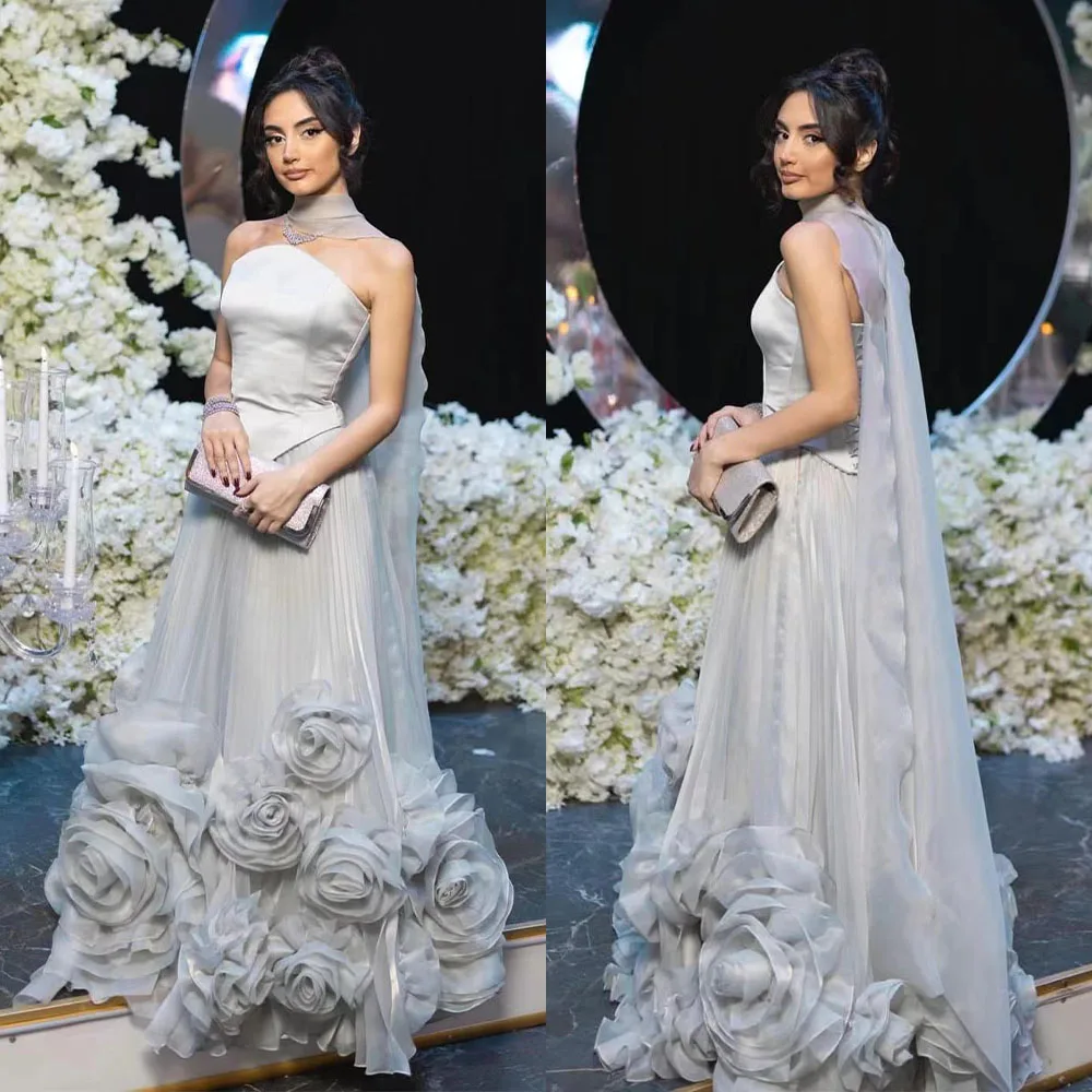 

High Quality Customized Strapless Flowers Floor Length Sleeveless Backless A-line Vestidos Elegantes Para Mujer Robes De Soirée