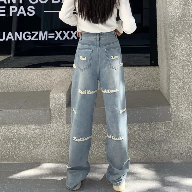 New Fashion Embroidery Alphabet Jeans Y2k Women Loose Zippers Pants Aesthetic Korean Trendy Streetwear Trousers Leisure Clothing