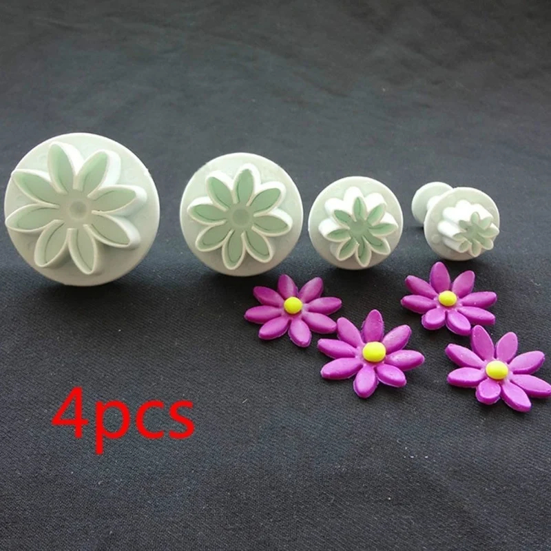 4Pcs Daisy Sugar Flipping Embossing Mold Daisy Flower Cookie Sunflower Plunger Cutter Fondant Cake Tool Cake Decorating Tools