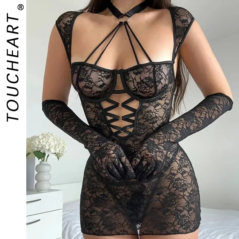 

Toucheart, 2 шт., кружевная ажурная сексуальная ночная юбка, комплект трусиков (без перчаток), тонкий прозрачный однотонный женский интересный комплект с глубоким вырезом