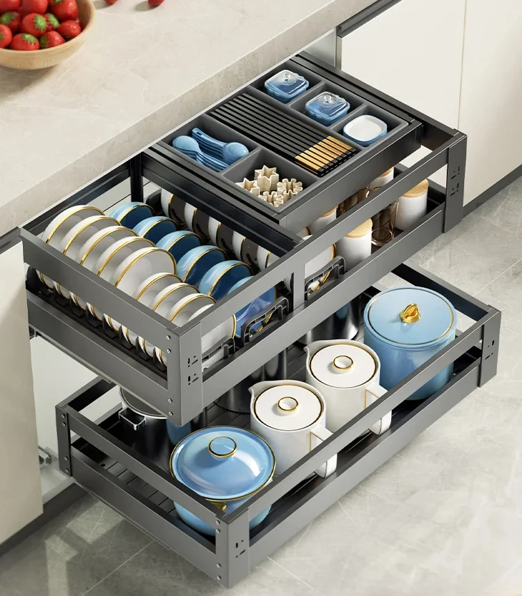 Basket-pulling kitchen cabinet with three-layer drawer-type aluminum alloy deepening cabinet with bowls, chopsticks, pots, pans