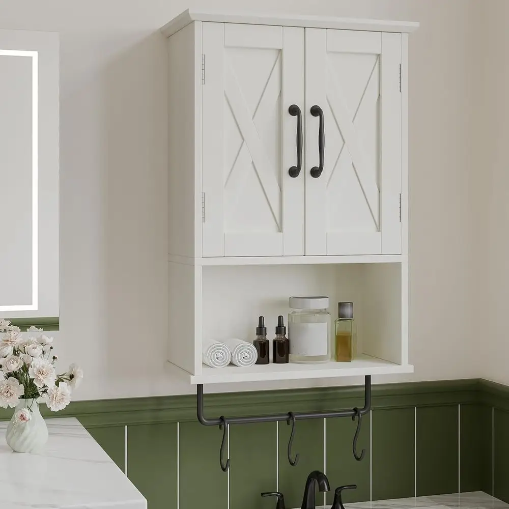 خزانة تخزين فوق المرحاض مع رف قابل للتعديل، 3 خطافات، وقضيب منشفة، بطول 19.3، أبيض