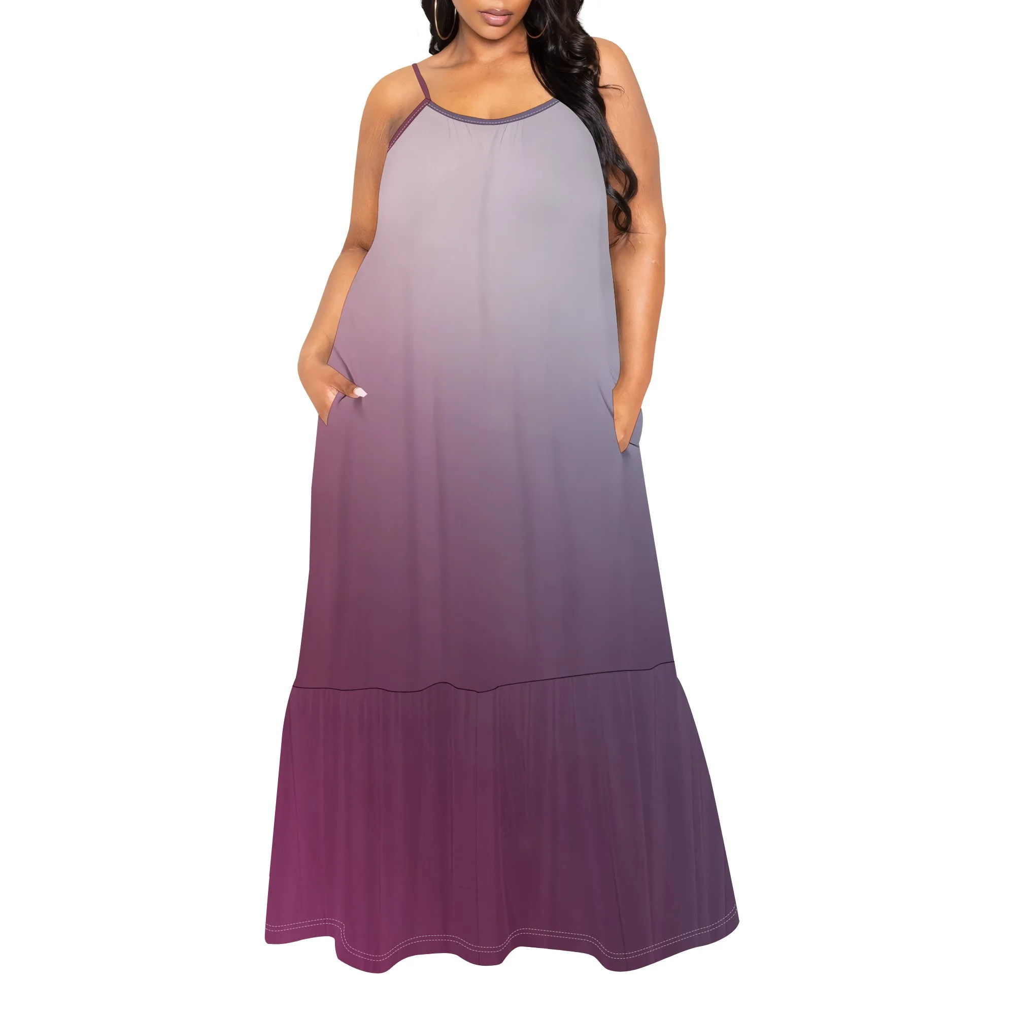ผู้หญิงฤดูร้อน Maxi ชุดยาวลําลอง Boho สปาเก็ตตี้สายคล้องคอสีทึบ Gradient Beach Flowy Sun Dresses