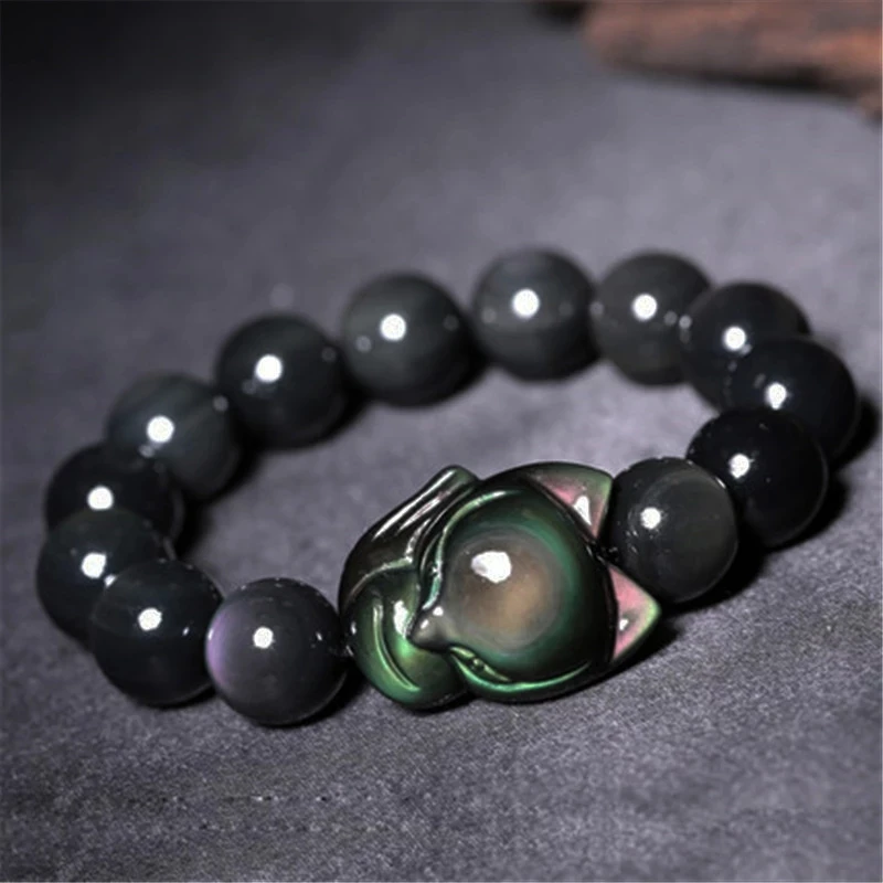 Rainbow Obsidian Big Head Small Fox Fairy Bangle Natural Stone Lucky For Women Men Crystal Bracelet Jewelry