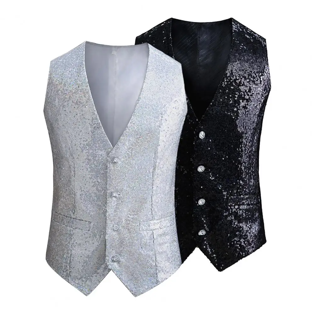 

Men Formal Waistcoat Sequin Sleeveless Men's Vest with Slim Fit Adjustable Back Buckle for Stage Show Emcee Performance Shiny V