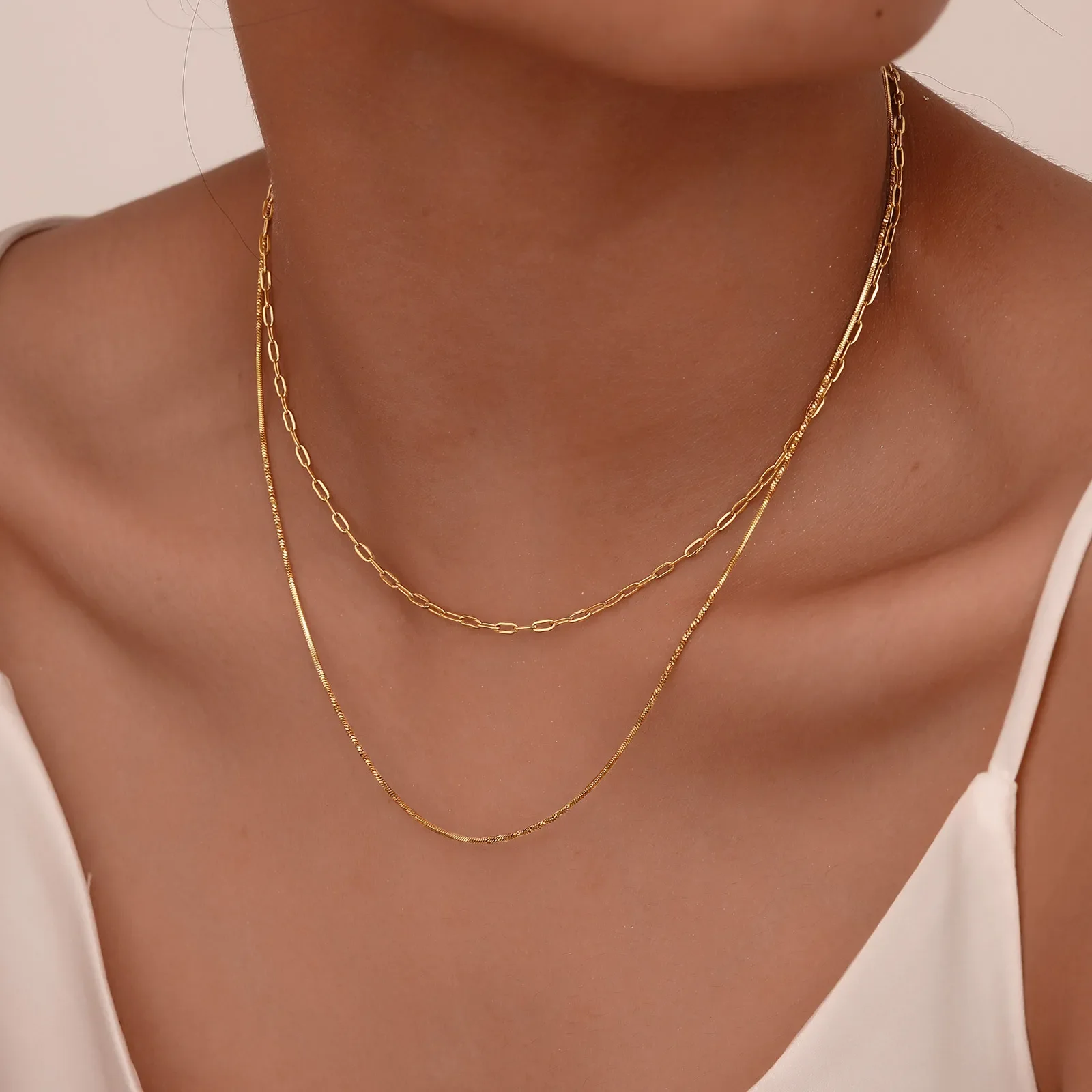 Layered Paperclip Necklace,18k Gold Plated Snake Chain, Danity Choker Necklace, Stainlesss Steel Womens Gift