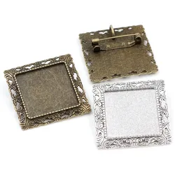 New Fashion 5pcs 25mm Inner Size Antique Silver Plated and Bronze Brooch Square Cabochon Base Setting