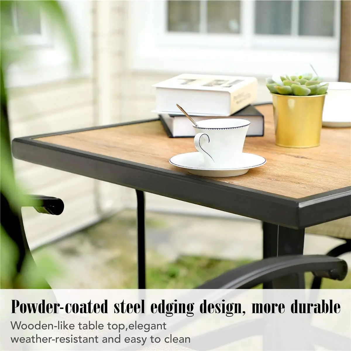 Patio Bar Table, Outdoor Bar Height Bistro Table with Wooden-like Table Top & Metal Frame