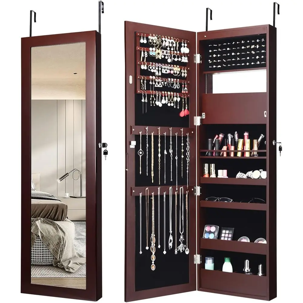 

Wall-Mounted Jewelry Cabinet with 53.5 Mirror, Large Storage, Lockable for Women & Girls in Brown
