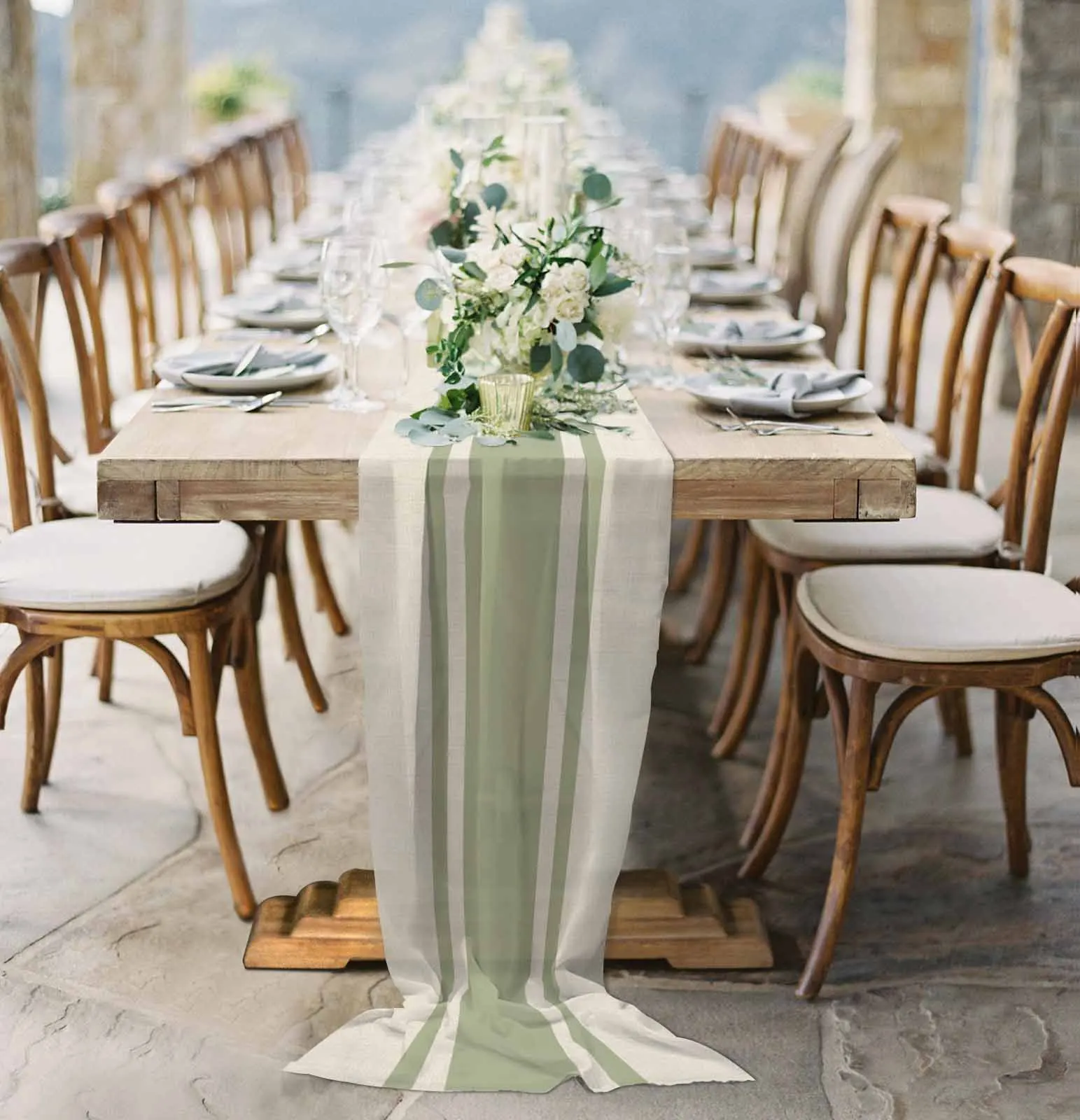 

Cotton And Linen Vintage Green Lines Sheer Chiffon Table Runner Wedding Party Birthday Tulle Voile Tablecloth