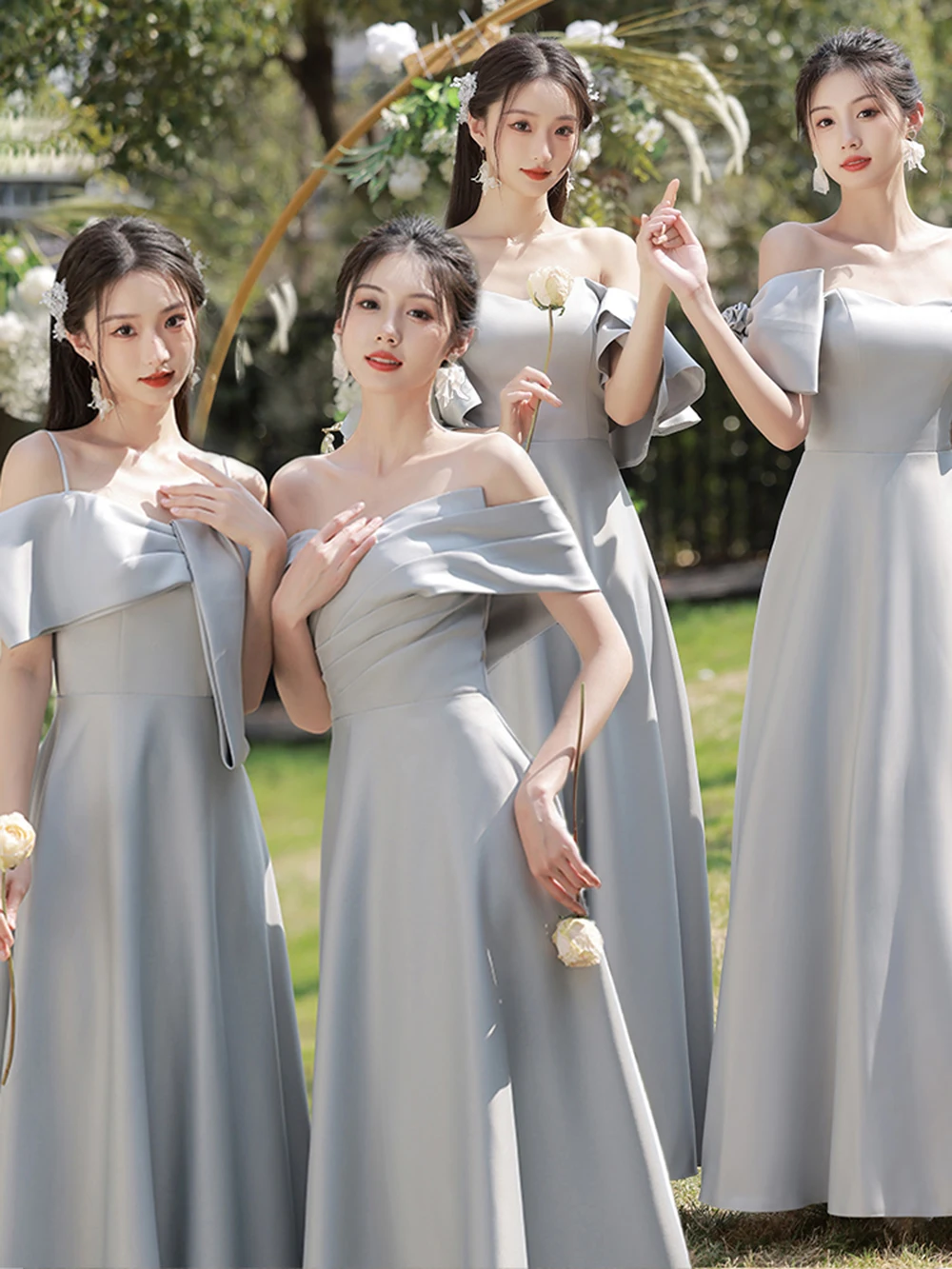 High Quality 4 Styles Smooth Satin Bridesmaid Dress Women Elegant Pleated Collar Off The Shoulder Evening Dress A-line Vestido