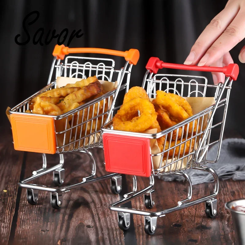 Stainless Steel Fast Food Basket Mini Shopping Cart  Plates Home French Fries Fried Chicken Restaurant Tray Accessories