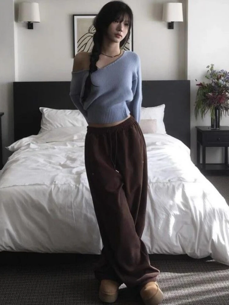 Y2k Aesthetic Irregular Skew Collar Sweaters Sexy Solid Grunge Harajuku Cropped Tops 2025 Autumn Fairy Loose Button Jumpers