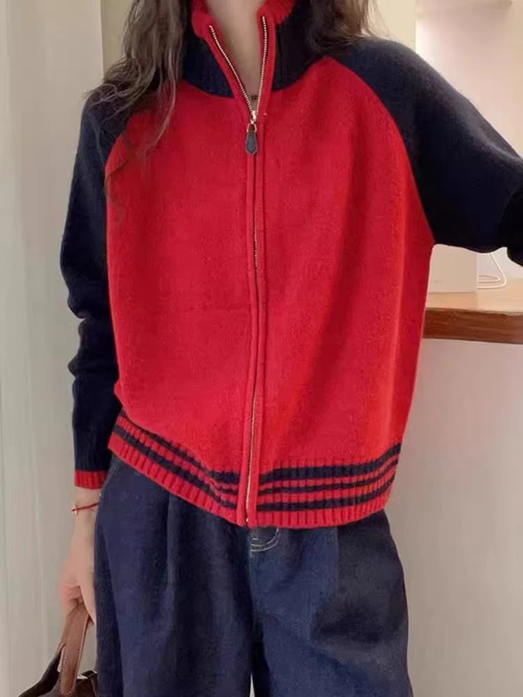 

Women's Pure Wool Cardigan Casual Full Sleeve Zipper Stand Collar Color Block Baseball Shirt Lady Sweater Winter Fashion