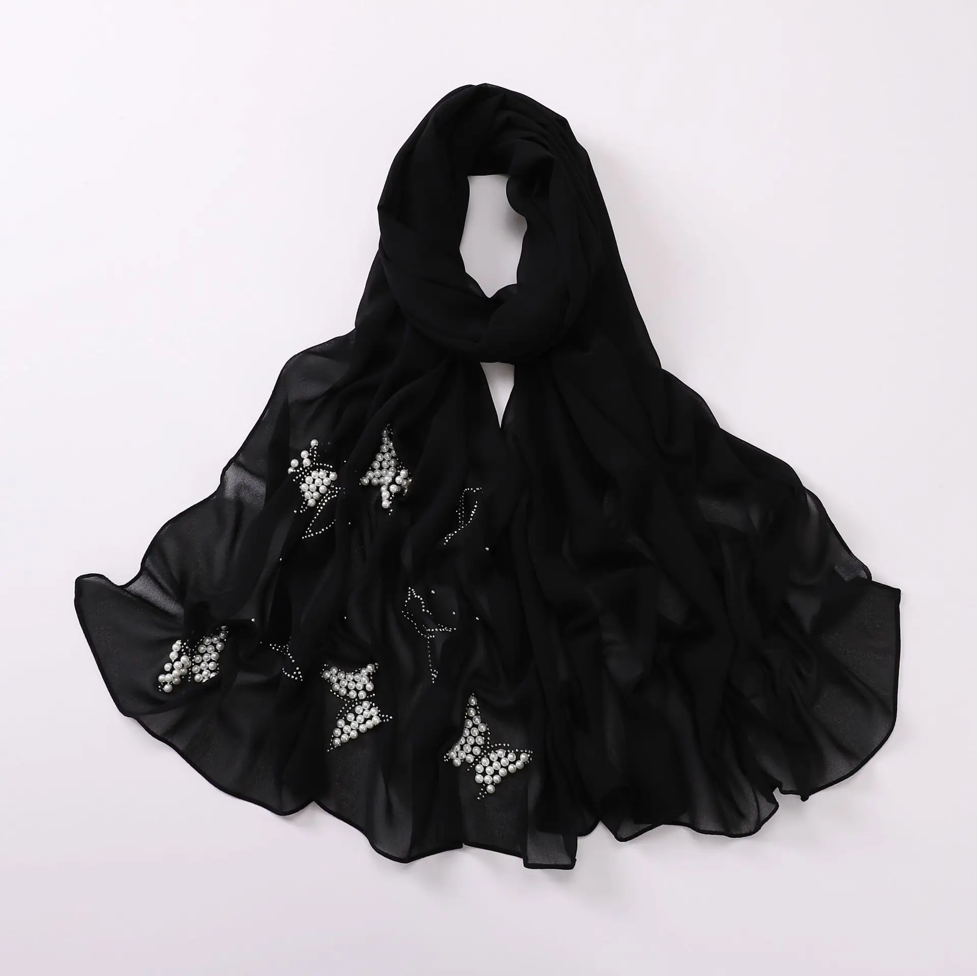 Women Hijabs Muslim Style Monochrome Pearl Chiffon Ironed Diamond Butterfly Bead Scarf Hui Ethnic America Hot Selling HeadScarf