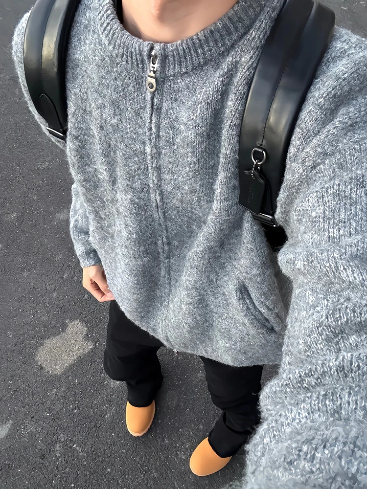 

Мужской вязаный кардиган в американском ретро-стиле на молнии, свободный крой, осенне-зимний, высококачественный, повседневный топ