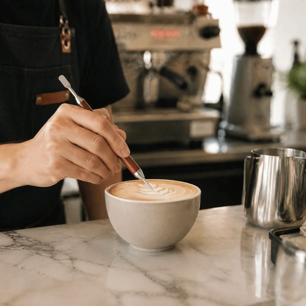 2-Pack Set Double-Ended Latte Art Pen Stainless Steel Tip Durable Coffee Art Needle Pear Wood Handle Coffee Drawing Tool