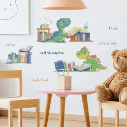 Cartoon Reading Little Dinosaur Wall Sticker Kids Room Background Decor Mural Baby Bedroom Decoration Self-adhesive Home Decals