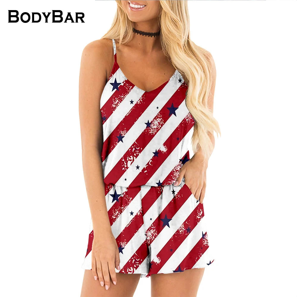 

July 4th One-piece Women Shorts National Flag Printed Large Size Shorts Rompers 6XL Summer Sling Short Suit Female Playsuit Pant