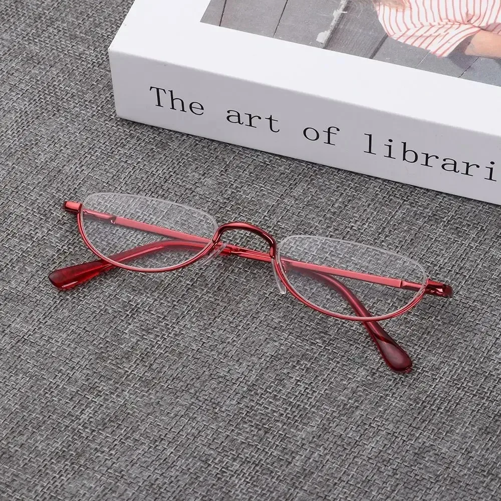 Retro-Lesebrille mit hochauflösenden Metallfederscharnieren, Halbmond-Design, Halbrandlose Lesehilfe, Optische Brille mit Kleinem Rahmen – Detail 2