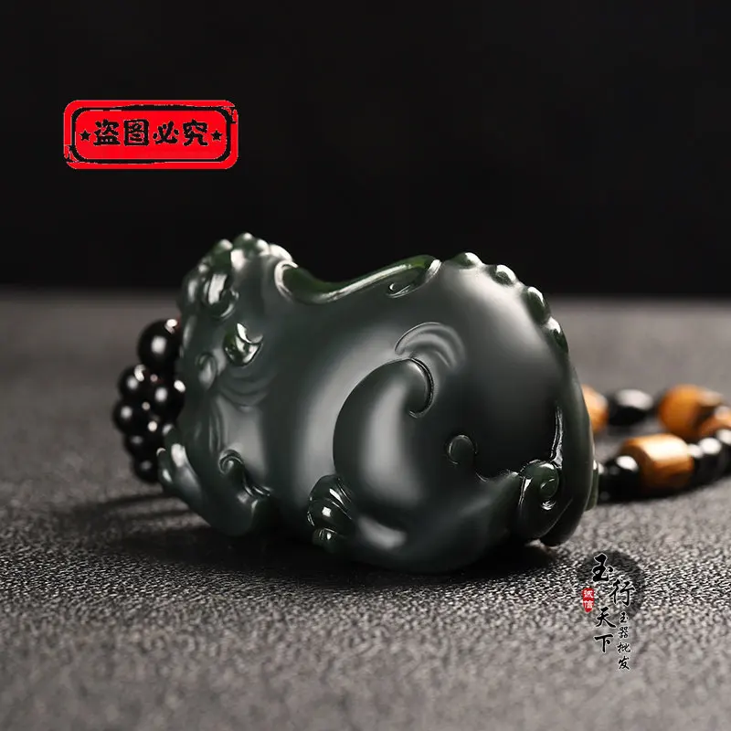 New genuine Hetian jade Pixiu hand handle piece Xinjiang sapphire Pixiu to play with men's and women's jade Wenwan jade