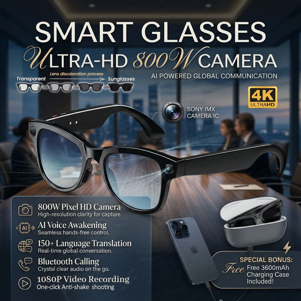 

New AI Smart Glasses with 8MP Camera 3600mAh Battery 1080P Shooting Video Voice Control 150+Translation Music Audio Glasses Men