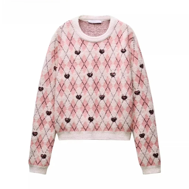 

e Heart Pattern Embroidery Long Sve round Ne Knitted Sweater Soft Warm New Arrival Women's Faion Spring 2025