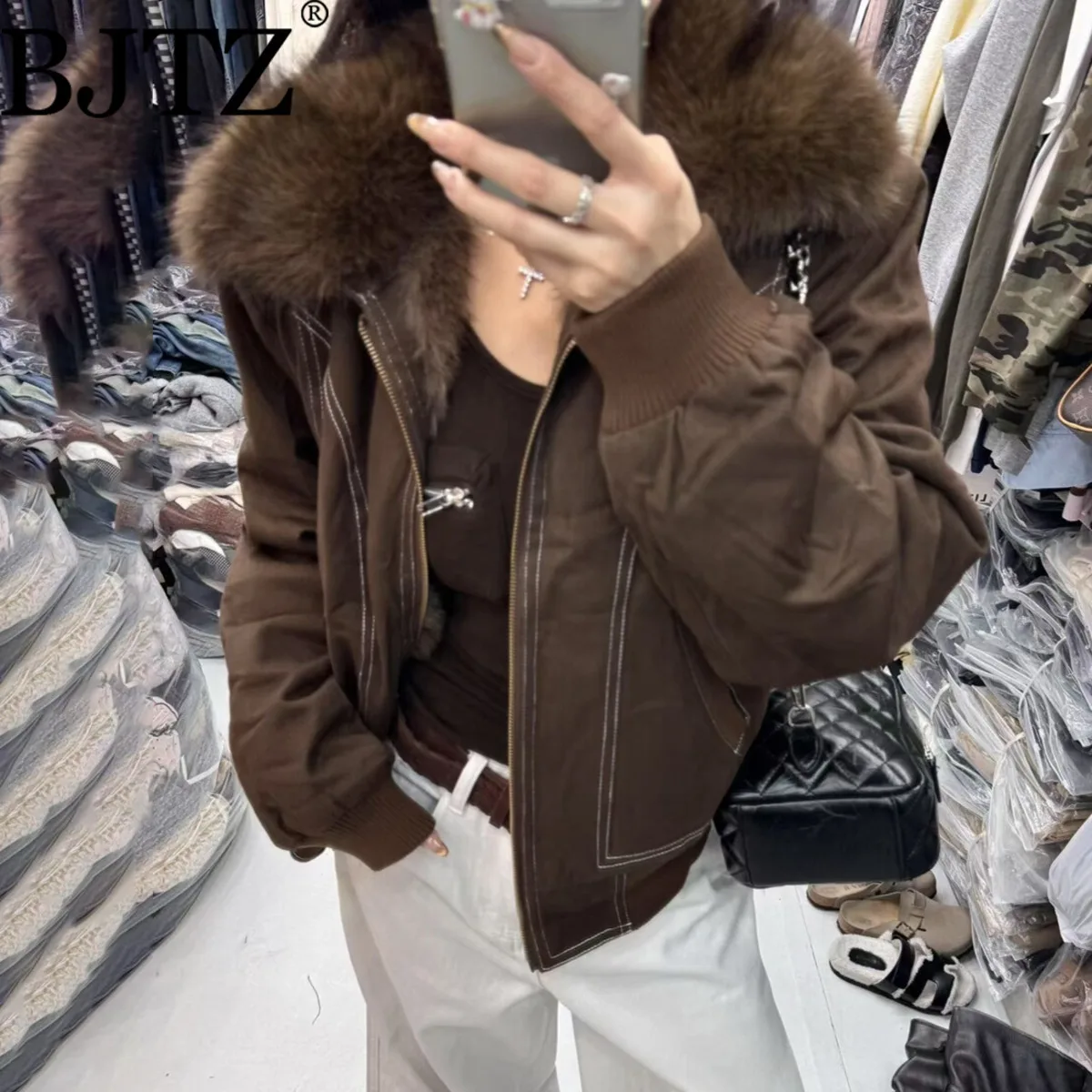 

BJTZ Women’s Designer Oversized Denim Jacket Wide Lapel Fleece Lined Thermal Casual Cozy Premium Elegant Minimalist Fall 2025