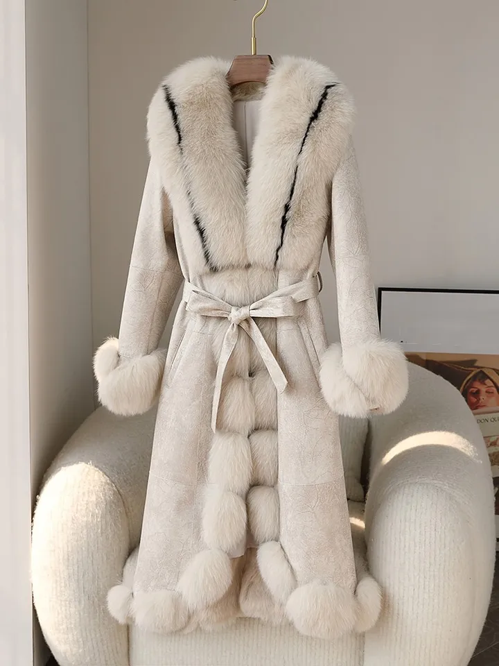 High Quality Suede Overcoat Women Luxury Winter Rabbit Fur Lining