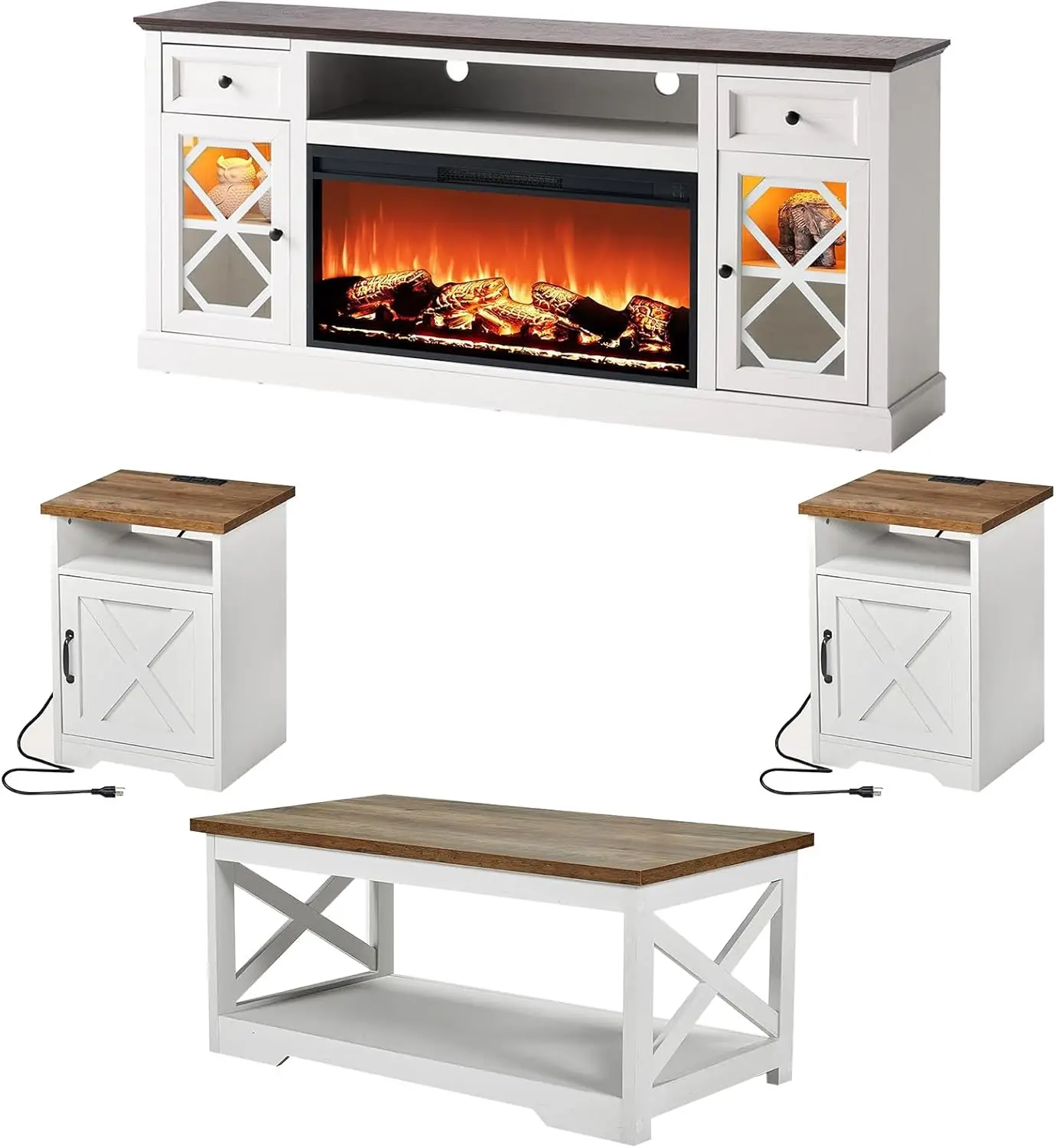 

Наборы столов для гостиной из 4 предметов, подставка для камина 70 дюймов с 37-дюймовым каменом и 7-цветной светодиодной подсветкой, журнальный столик и 2 торцевых столика