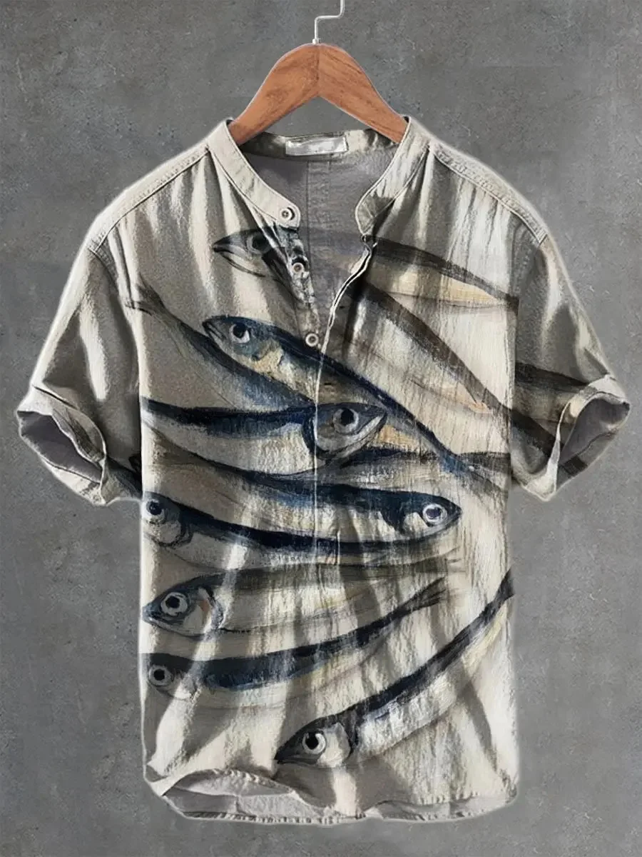 New artistic tie dye whale 3D printed pattern men's short sleeved Henry shirt casual style shirt clothing