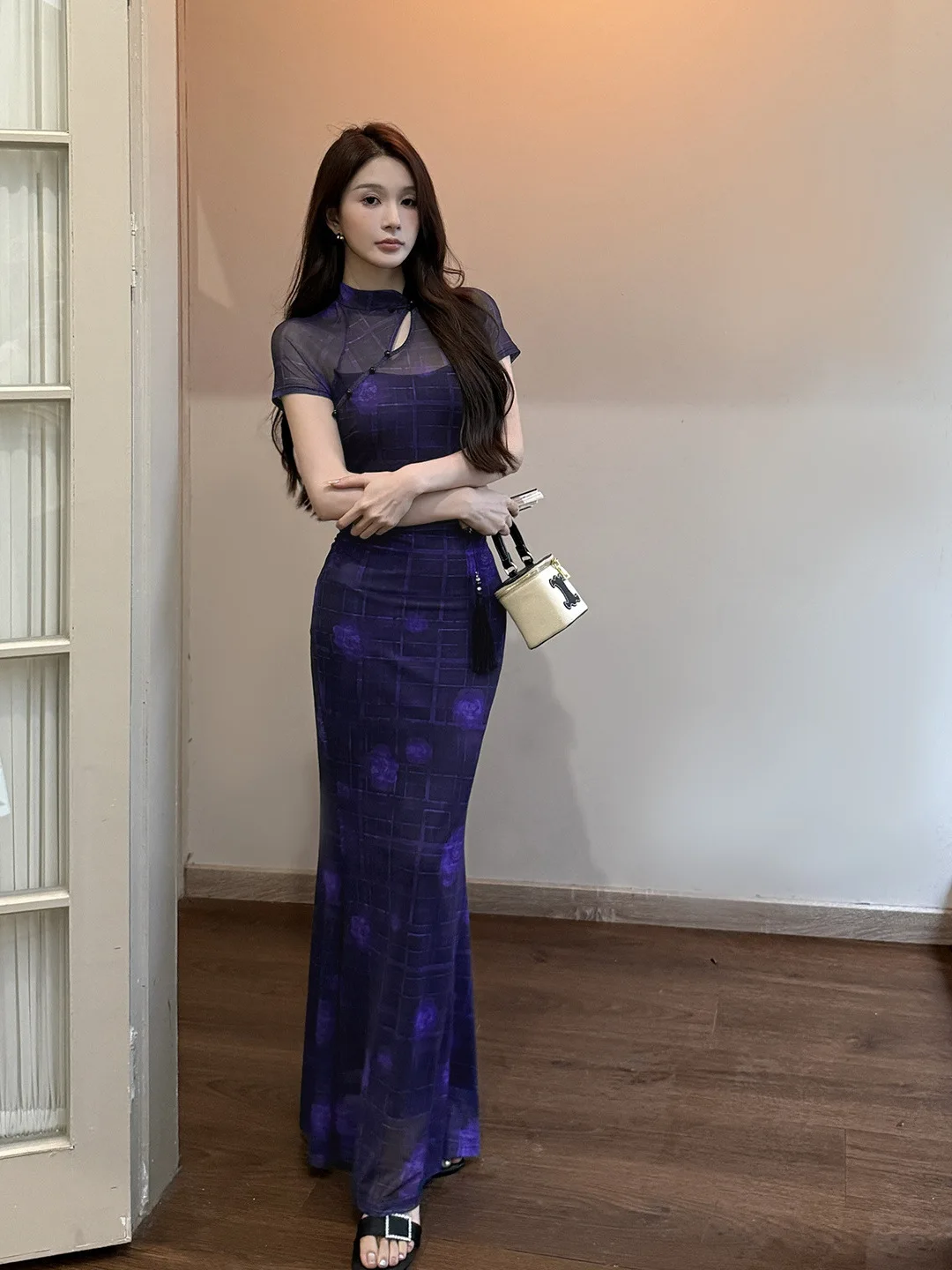 Retro Neo-Cinese Y2K Plaid Scava-out Viola Midi Elegante Sottile Sheer Vestito Aderente Abito da Sera delle Donne Del Partito Parm Vestido Robe