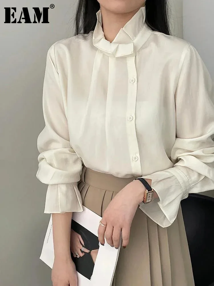 [EAM] Women Beige Ruffles Thin Big Size Blouse New Stand Collar Long Sleeve Shirt Fashion Tide Spring Autumn 2024 1DH4741