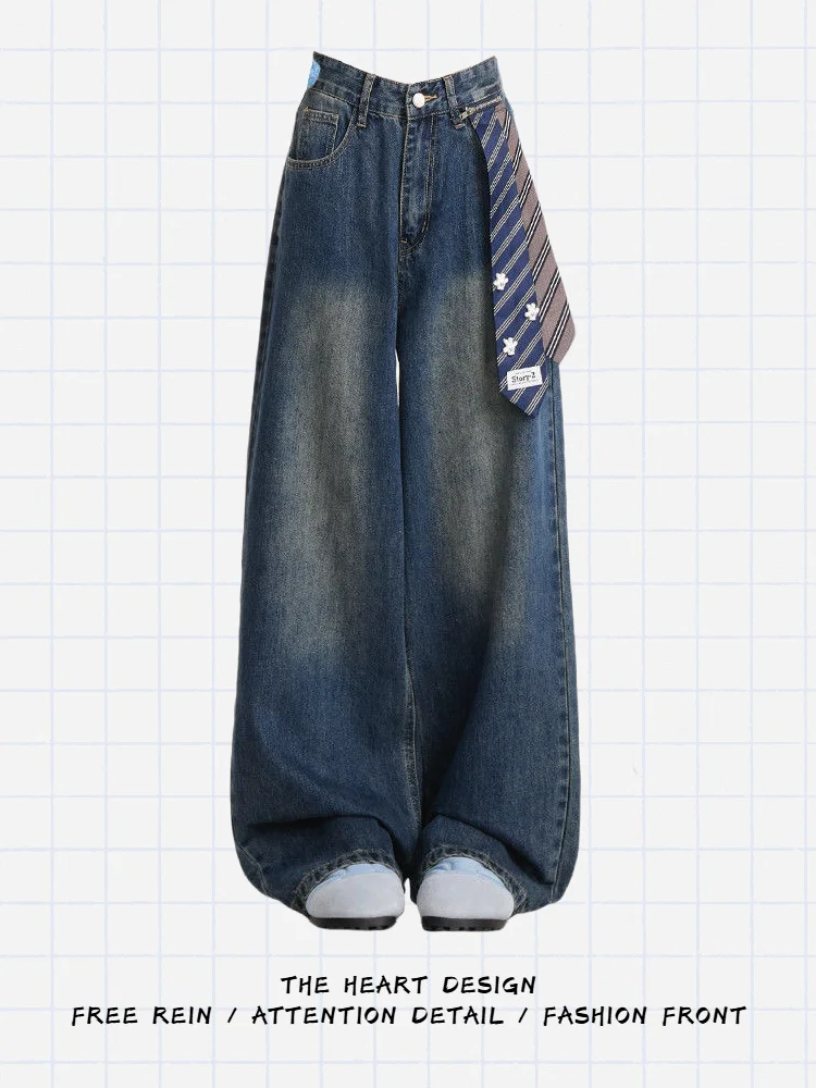 

Retro Tie Decorated Wide Leg Jeans Women's American Vintage Waed Straight Cut Loose Fit Versatile High Waist Denim Pants