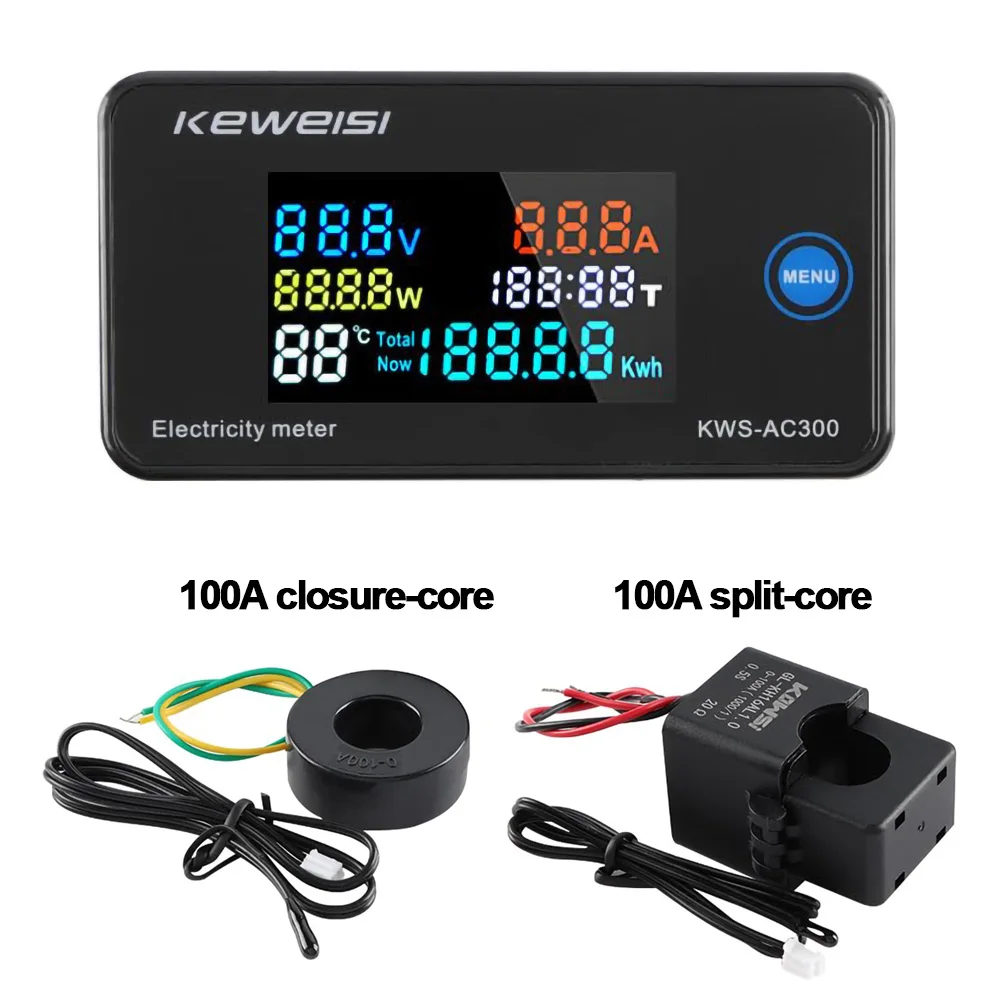 

KWS-AC300 AC50-300V 0-20/100A Digital Energy Meter Voltmeter Ammeter Voltage Wattmeter Kwh Temperature Meter with Reset Function