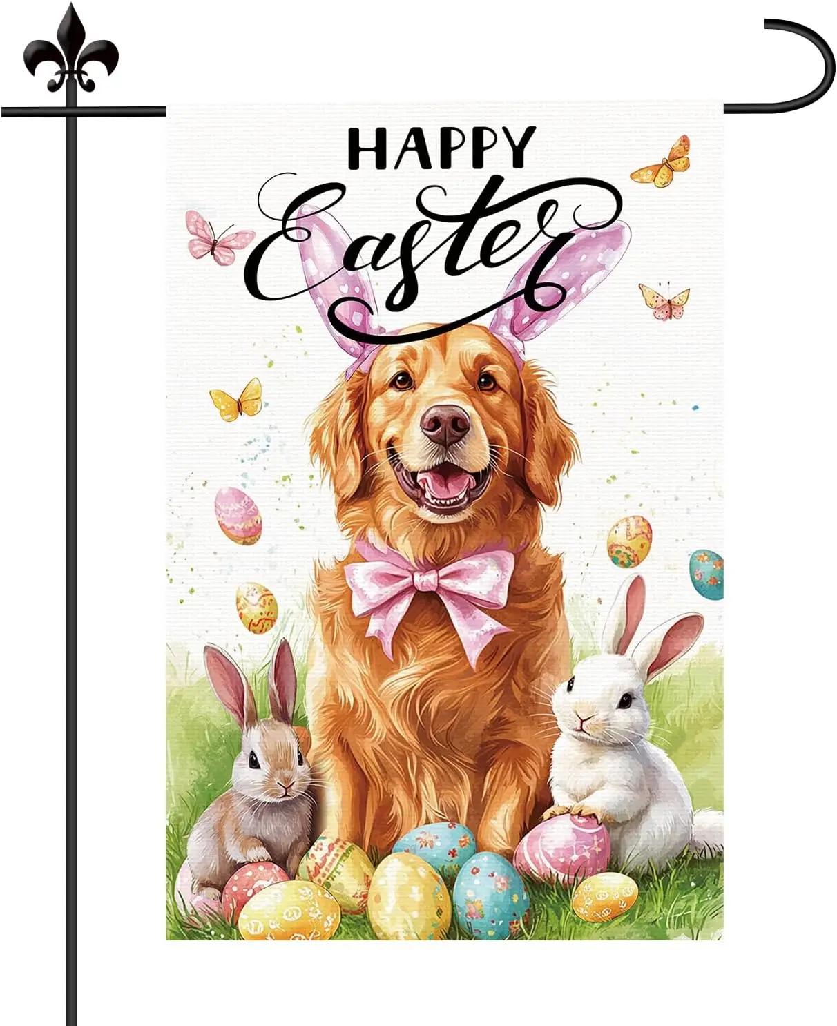 Happy Easter Day Garden Flag, 18x12in Linen Cute Dog Bunny Eggs Spring Yard Decoration for Seasonal Holiday Outdoor Outside  SSL
