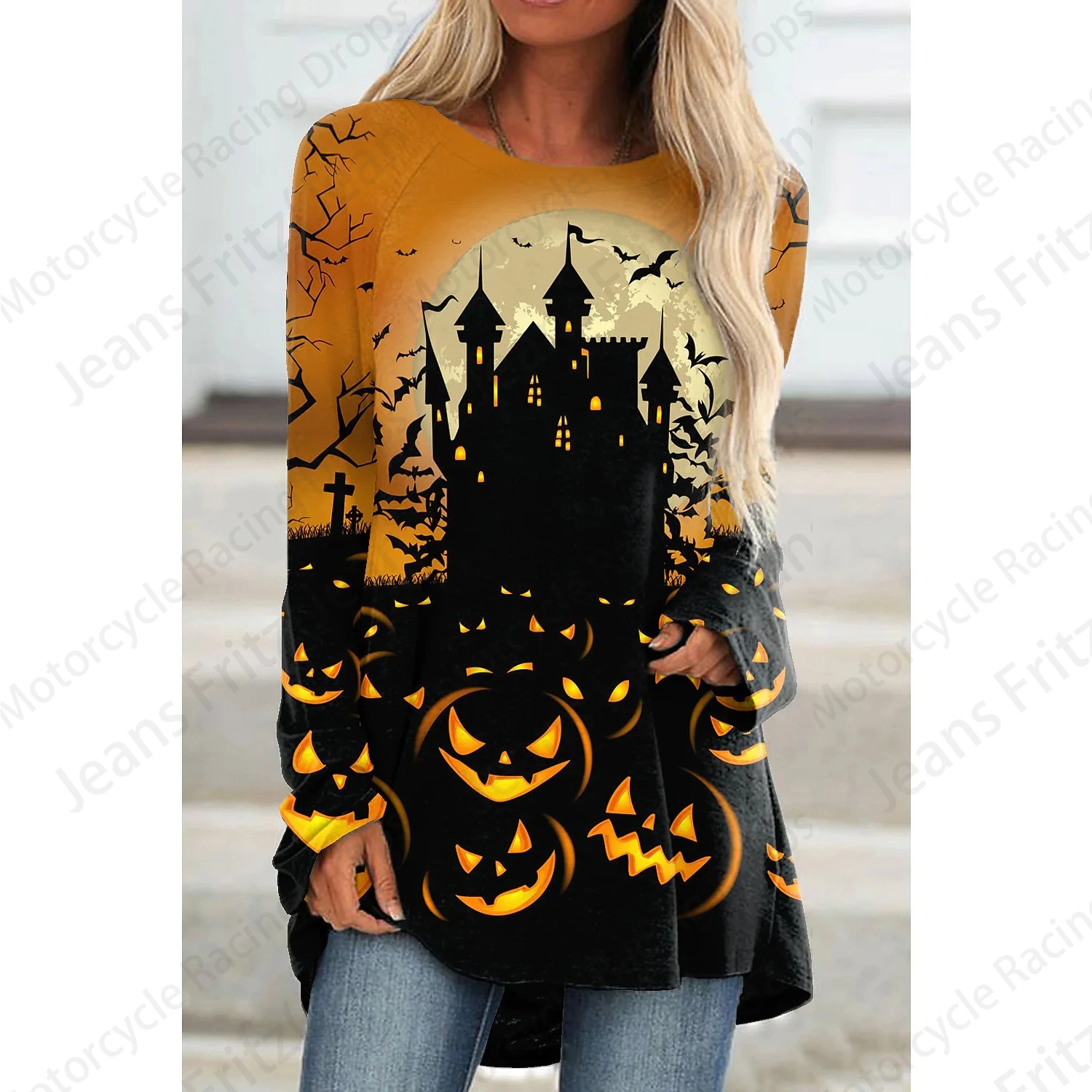 Halloween Cat 3d Print Long Sleeve T-shirt Women Fashion Crewneck Long Tunic Tops Women Fall Ghost Clothing Femme Tops Y2k Style