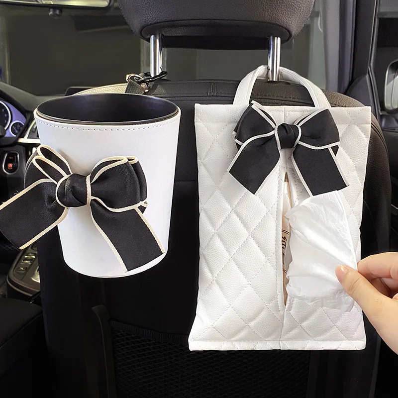 Car Universal Tissue Box Draw Paper Box Cute Bow Mini Car Bow Trash Can Combination Car Interior