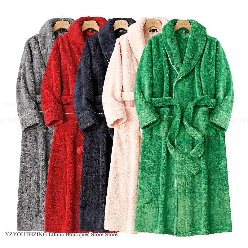 

Plus Size Couple Flannel Long Robe Lounge Wear Autumn Winter Thicken Warm Sleepwear Bathrobe Kimono Gown Coral Fleece Homewear