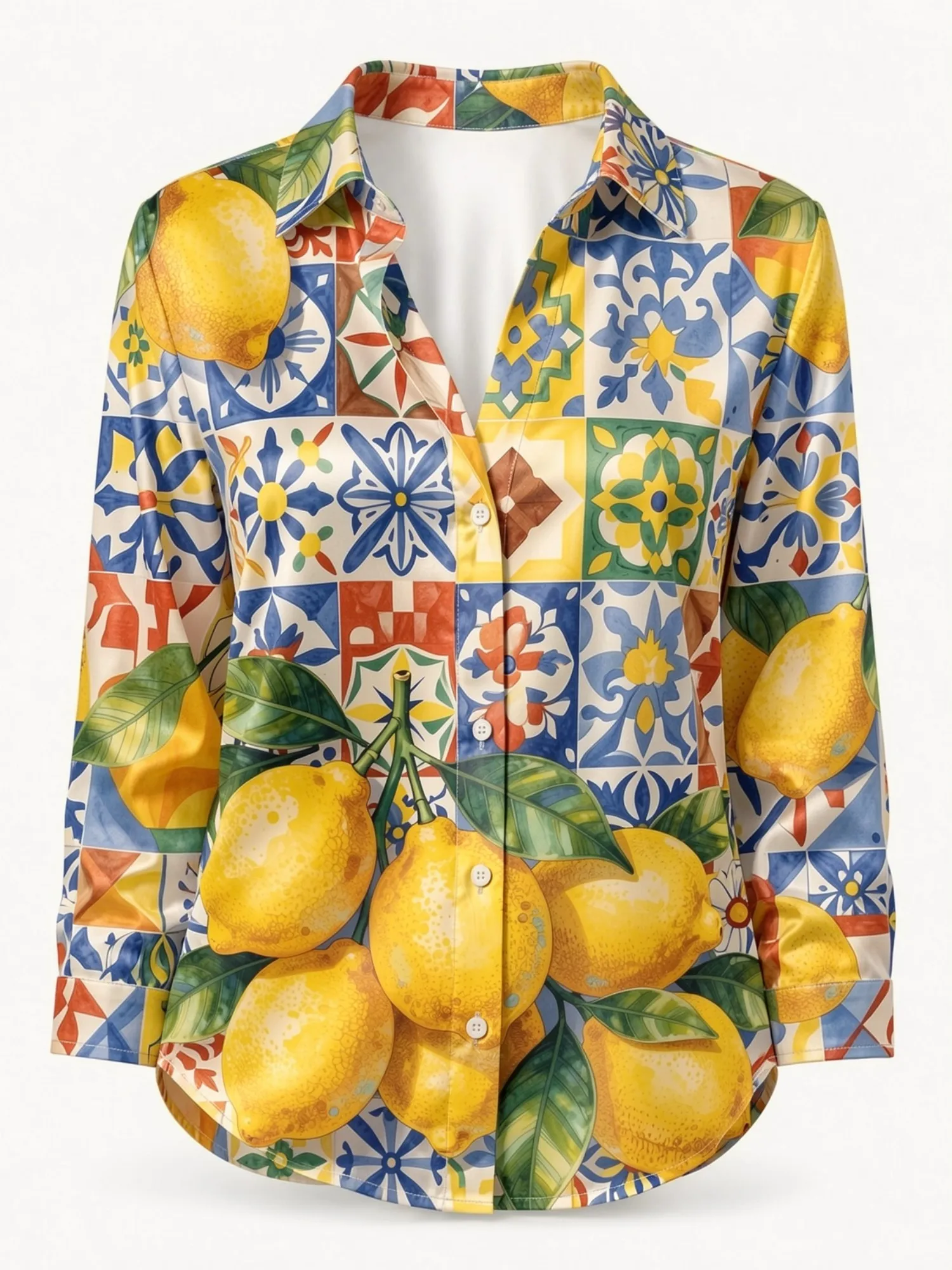 Blue Yellow Lemon Tile Satin Blouse for Women Long Sleeve Button Down Shirt Boutique Shopping Resort Vacation Elegant Silky Tops